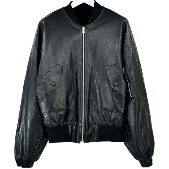 Frankie Shop Hane Black Relaxed Loose Fit Oversized Faux Leather Bomber Jacket - Picture 1 of 13
